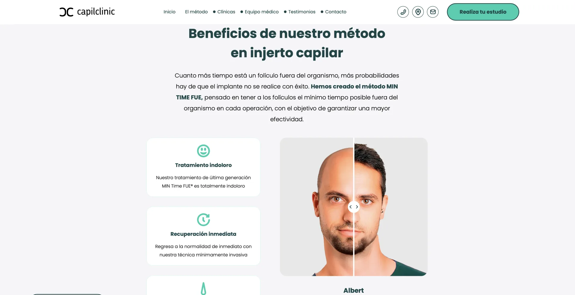Sección de beneficios del método Min Time FUE™ con comparativa antes/después