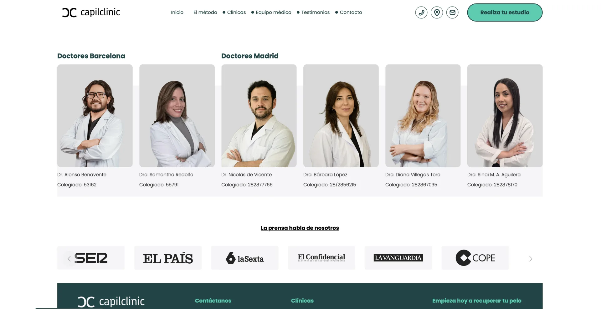 Equipo médico de Capilclinic — doctores Barcelona y Madrid con colegiación