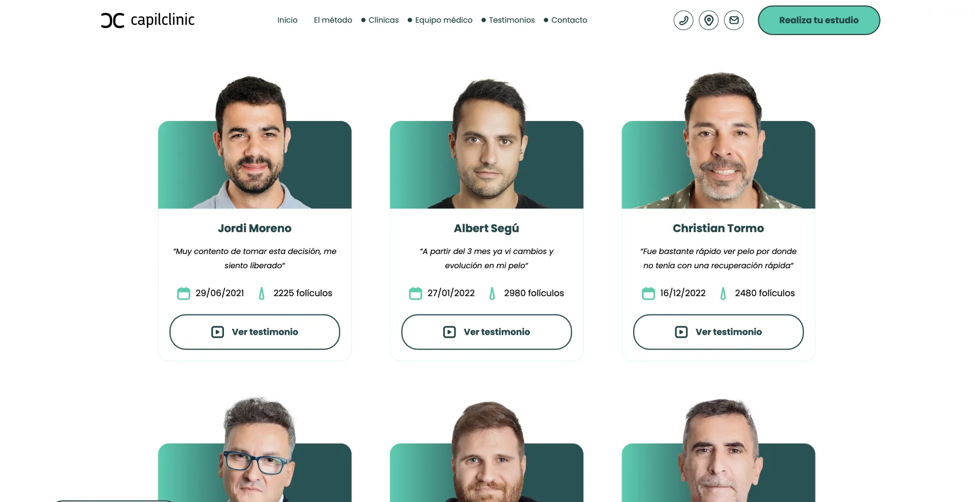 Sección de testimonios con cards visuales — pacientes reales con fecha, folículos y vídeo