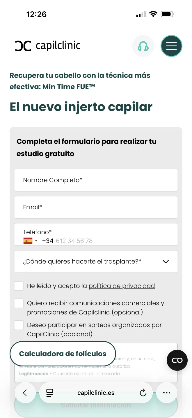 Home mobile Capilclinic con formulario de estudio