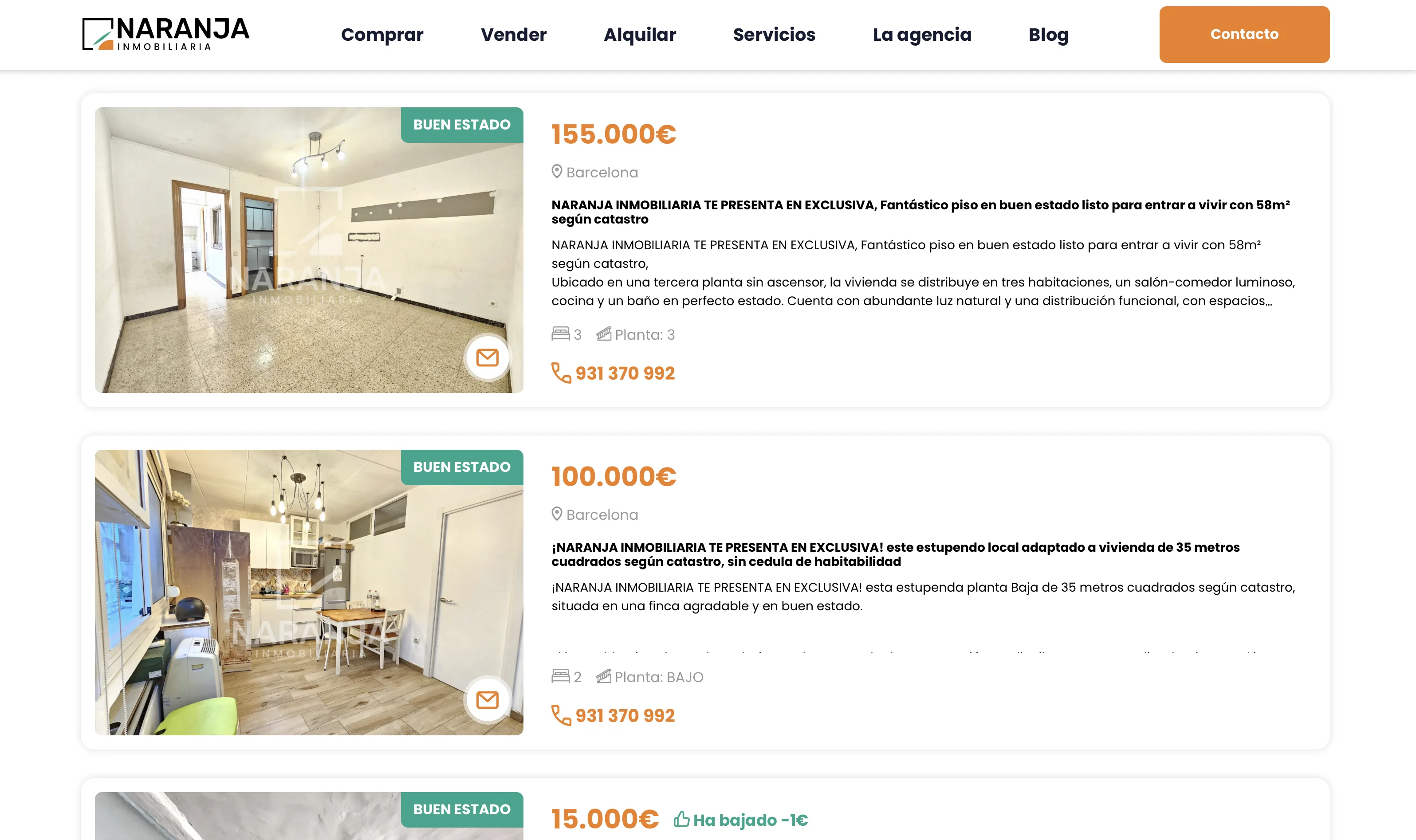 Ficha de propiedad con descripción, precio y formulario de contacto