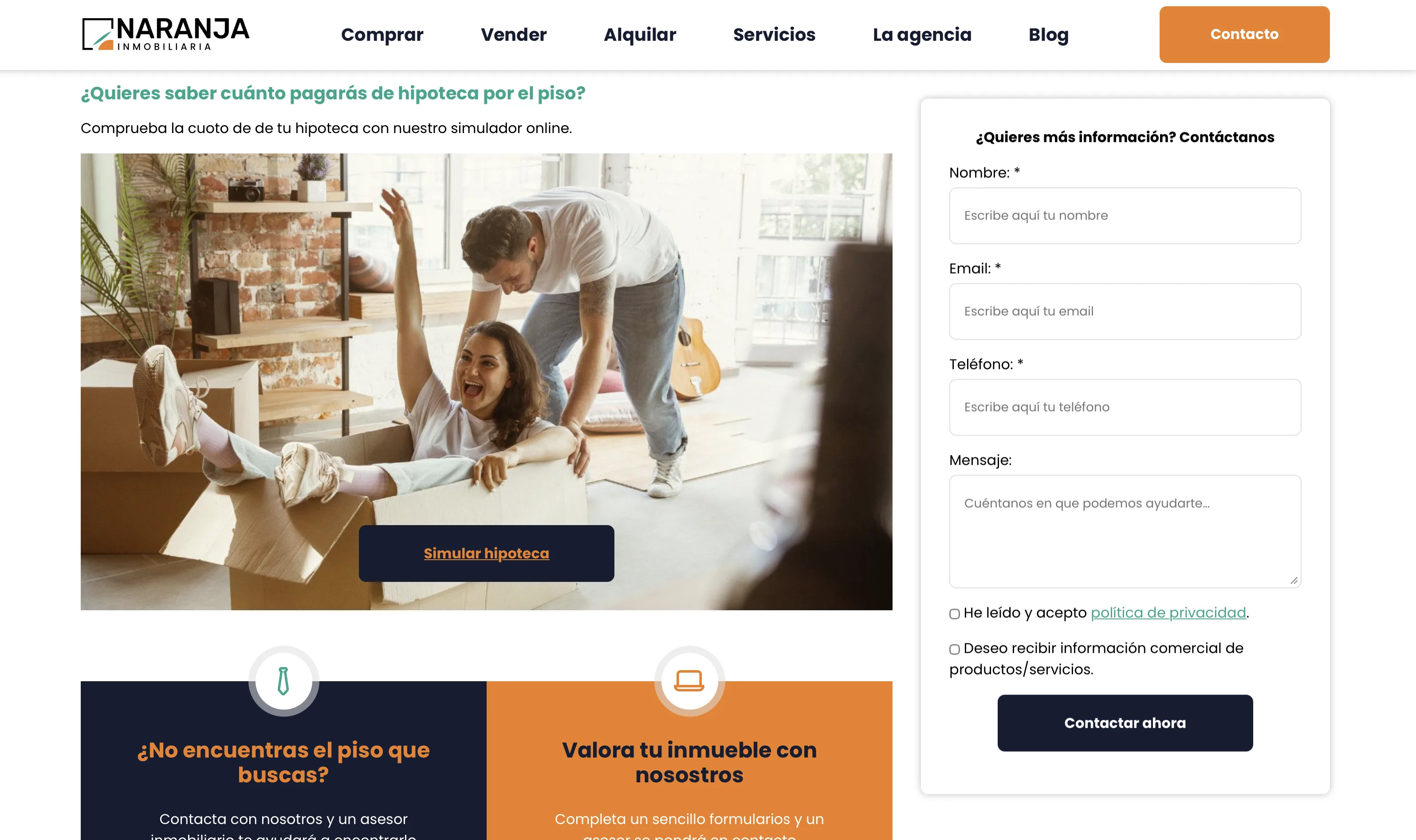 Sección de servicios con simulador hipotecario y formulario lateral