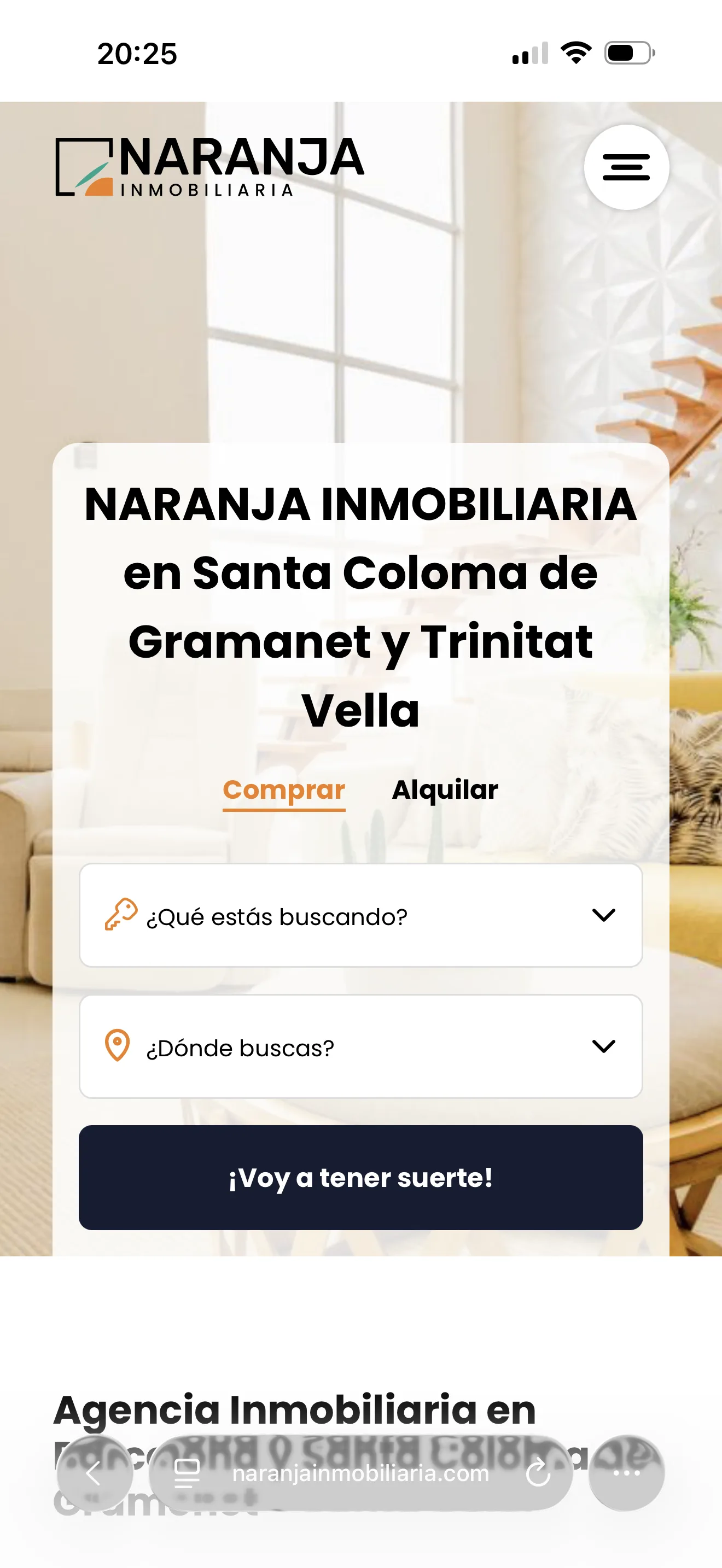 Homepage móvil Naranja Inmobiliaria con buscador