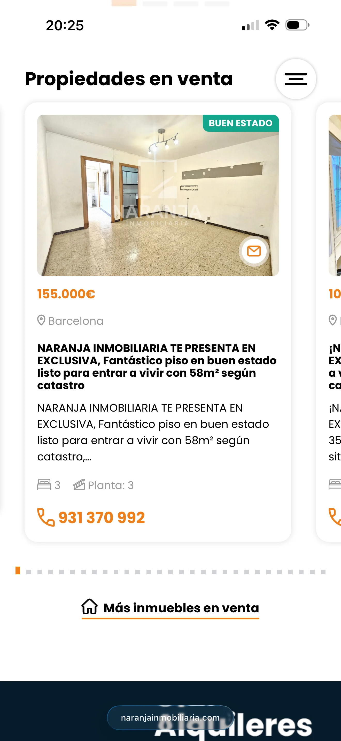 Listado de propiedades en móvil