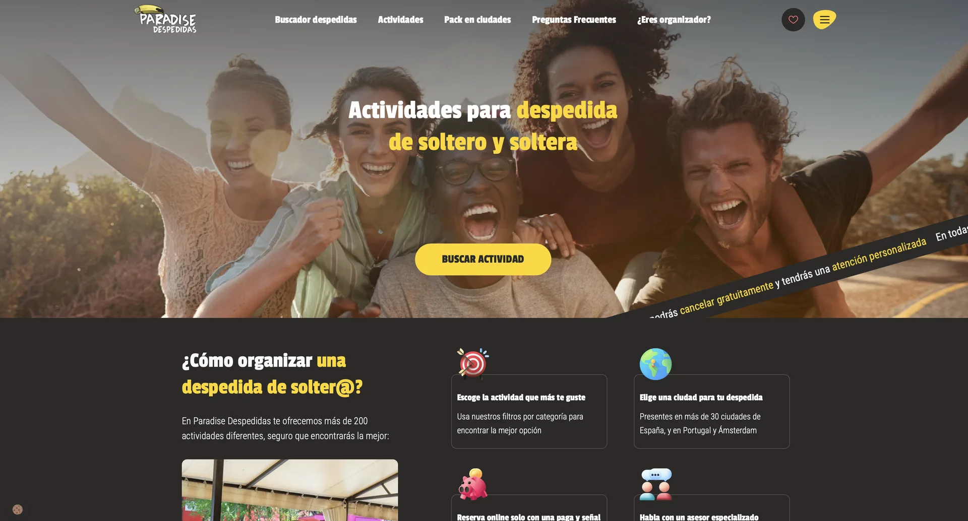 Hub de actividades con filtros visuales y cards