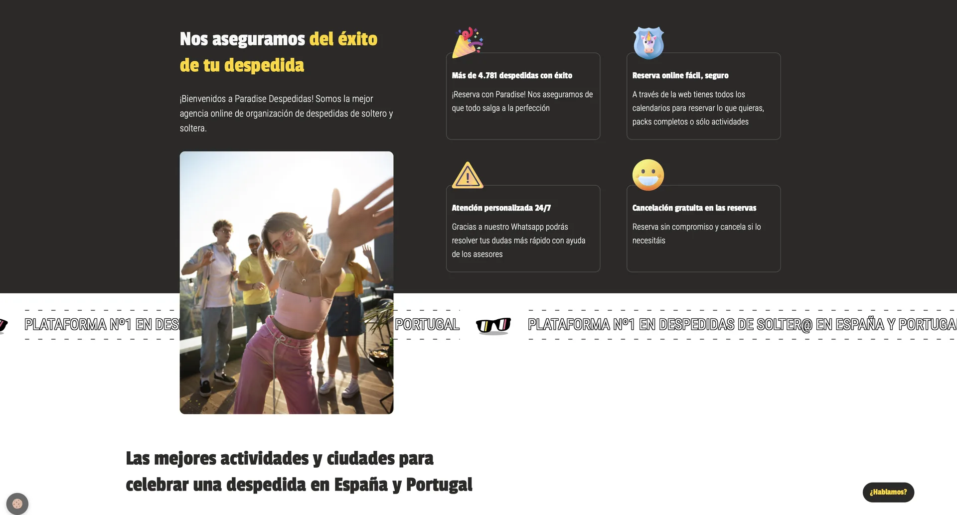 Bloque de ventajas: 4,7★, reserva fácil, atención 24/7, cancelación gratuita