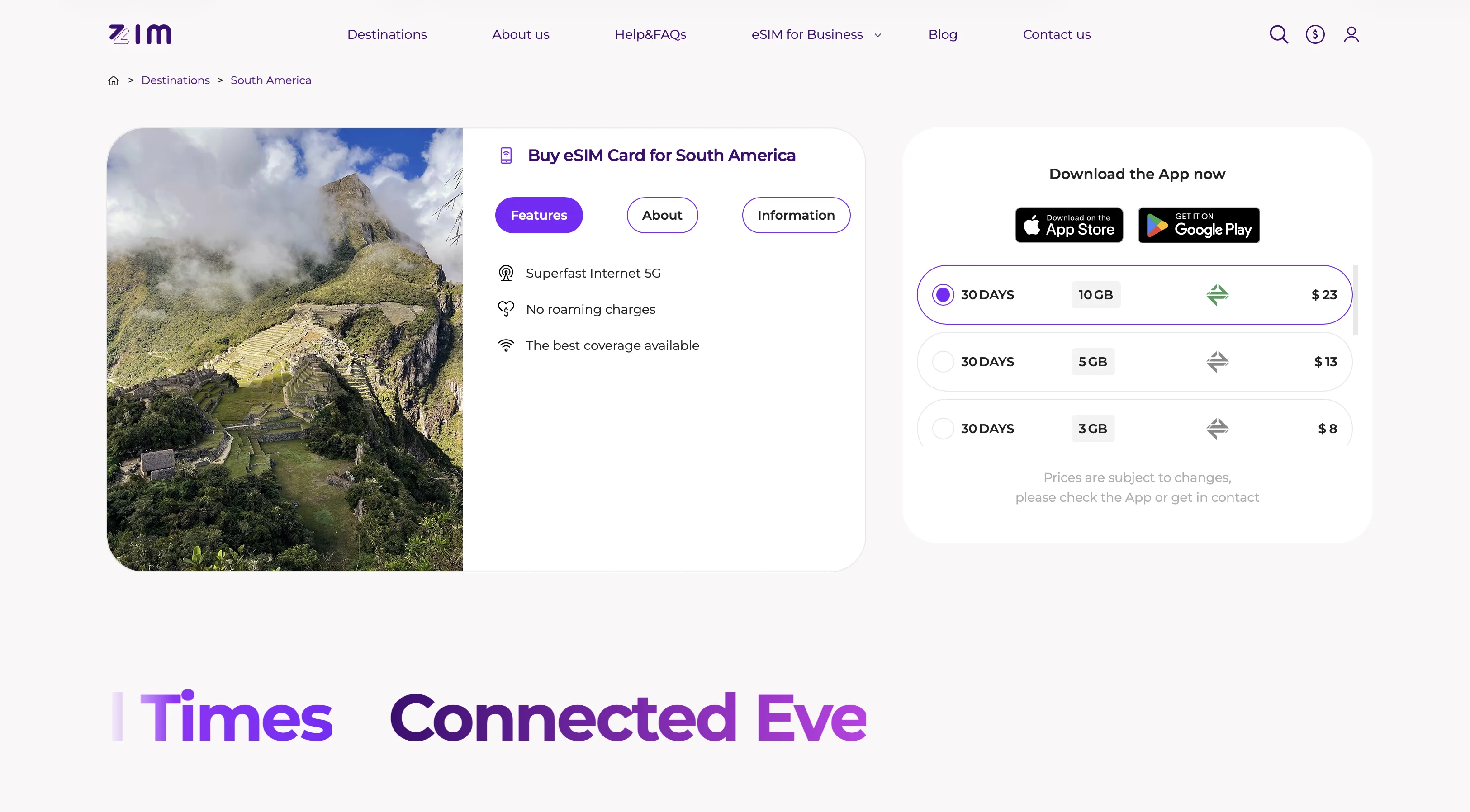 ZIM Connections — Página de producto eSIM para Sudamérica